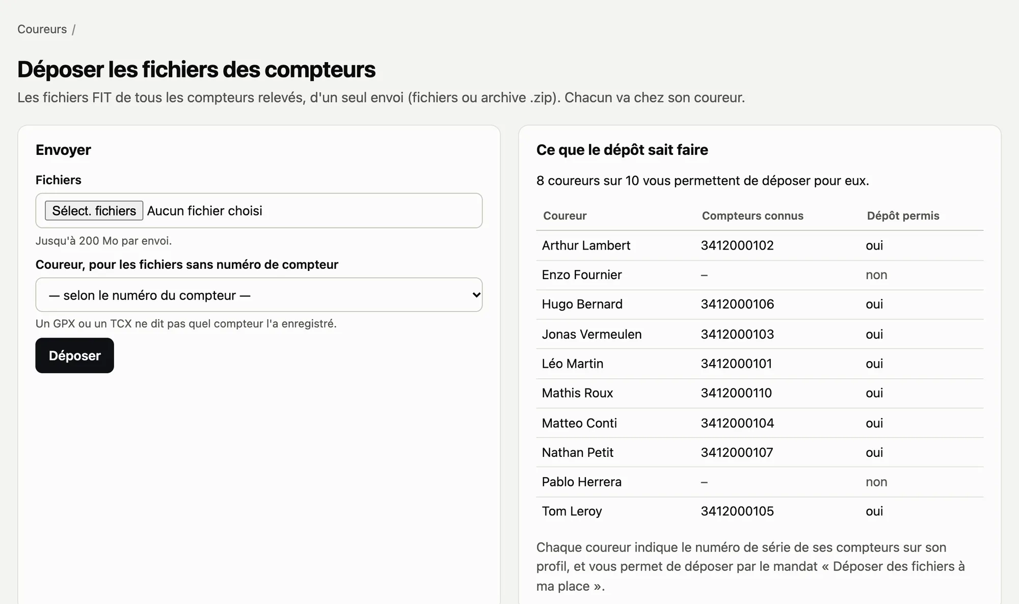 Le dépôt des fichiers des compteurs : un seul envoi, chaque fichier rangé chez son coureur d’après le numéro de série de son compteur.